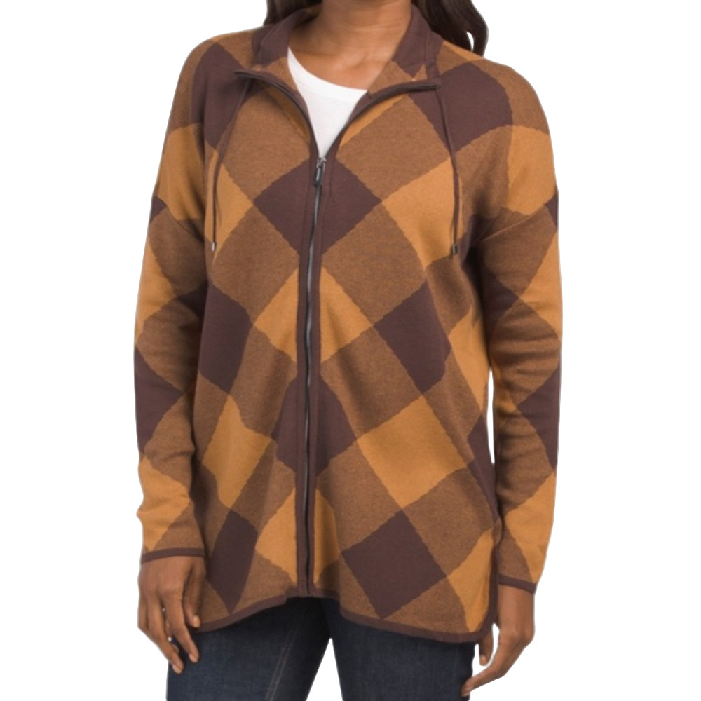 Jones New York New Size L Brown Buffalo Plaid Oversize Front Zip‎ Sweater Jacket